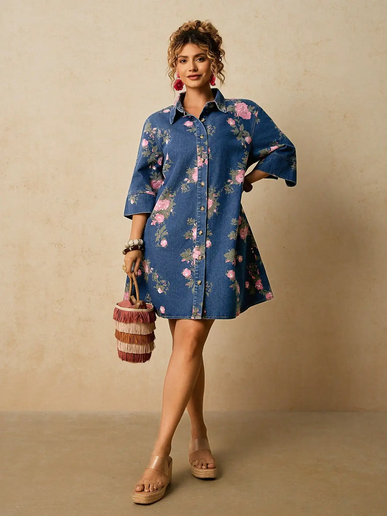 

Свободное джинсовое платье-рубашка с цветочным принтом для женщин, летний повседневный наряд для отпуска