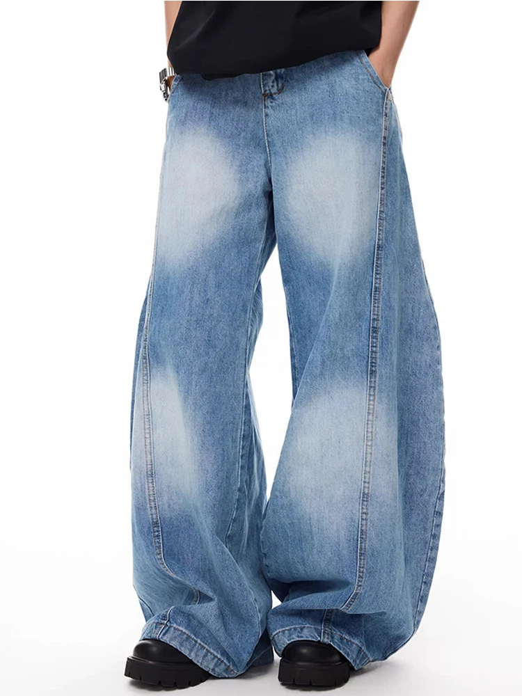 

Мужские джинсы в стиле ретро: синие, выцветшие, свободные, широкие штанины, повседневные брюки, винтажный дизайн, высокая талия, прямой крой, грязеотталкивающие