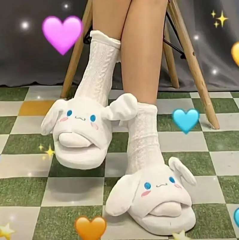 

Cute Cinnamoroll Kuromi Plush Slippers Ears Move Sanrio Melody Anime Kawaii Spring Autumn Winter Cartoon Home Slippers Funny