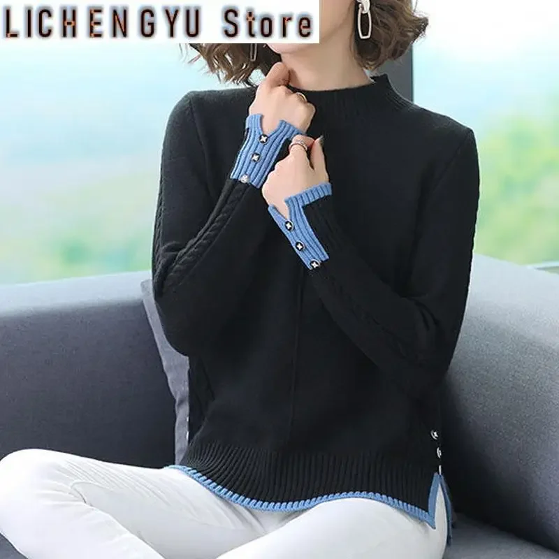 

New Autumn Winter Fashion Trend Half High Collar Colored Split Loose Versatile Simple Commuter Style Women Knitted Sweater