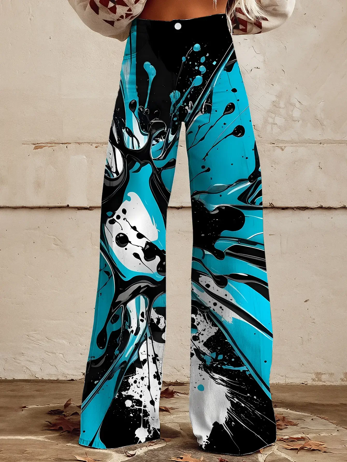  Fashionable and casual 3D printed loose high waisted flared pants imitating denim fabric