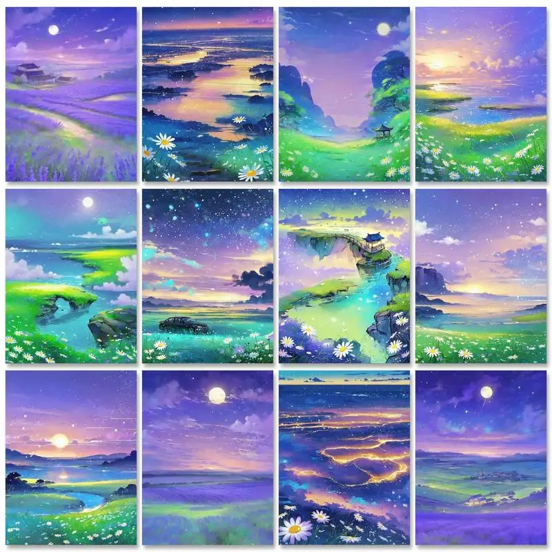 

GATYZTORY Acrylic Painting By Numbers On Canvas Paint Kit Purple Seascape Coloring On Numbers Handpainted Wall Decor Gift Adults