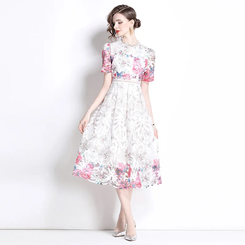 Korean Floral Elegant Dress Women Lace Print Sweet Vintage Hollow out Dress