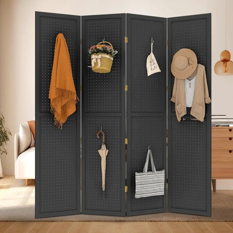 4 Panel Room Divider 5.6 FT Pegboard Display Folding Wood Privacy Screen Pegboard Stand Organizer