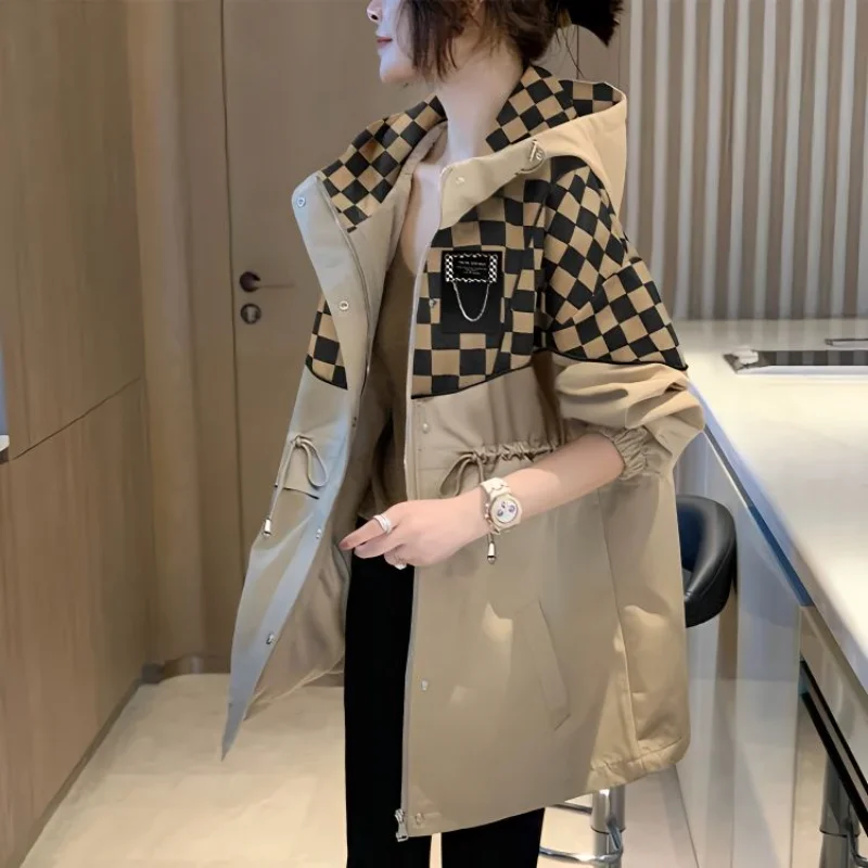 

Весенне-осенняя женская свободная повседневная модная бейсбольная куртка в клетку с капюшоном