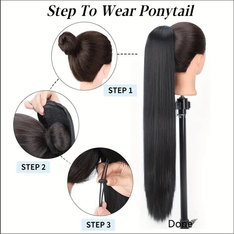 Drawstring gradient long straight ponytail wig gradient long straight ponytail synthetic wig suitable for women's daily use