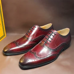 Men's Red Genuine Leather Brogue Oxford Shoes Classic Wingtip Lace-up Dress Shoes for Wedding Banquet Office Formal Occasions
