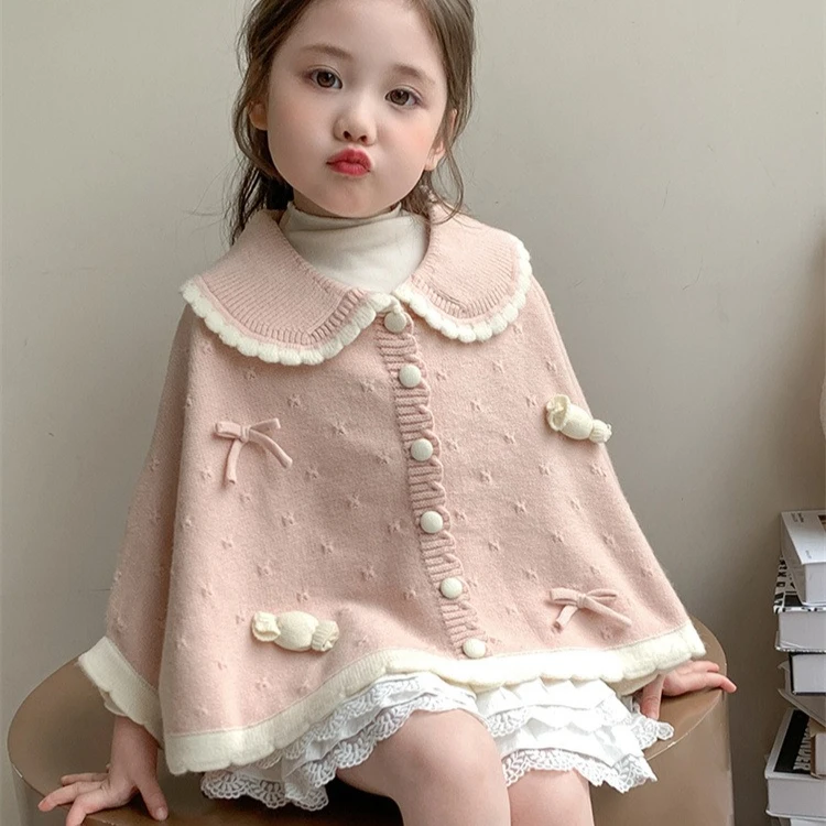 Girls Coat 2025 Spring and Autumn New Childrens Clothing Girls Baby Sweet Sweaty Knit Sweater Cape Cardigan Casual Simple