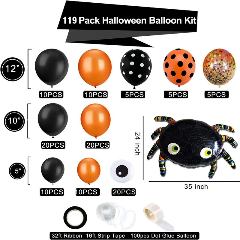 119pcs Halloween Balloon Arch Garland Kit Black Orange Confetti  Mylar Spider Balloon Halloween Theme Party Decorations