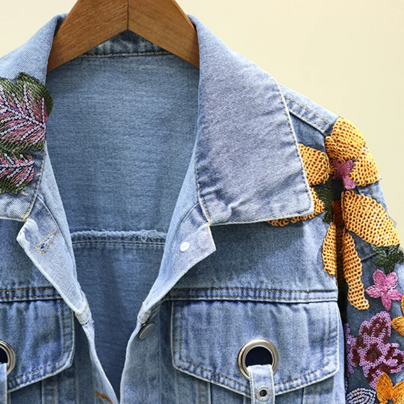 Women Jeans Jacket Feminine Spring Autumn Sequin Floral Embroidery Denim Jackets Coat Female Short Long Sleeve Outerwear Femme