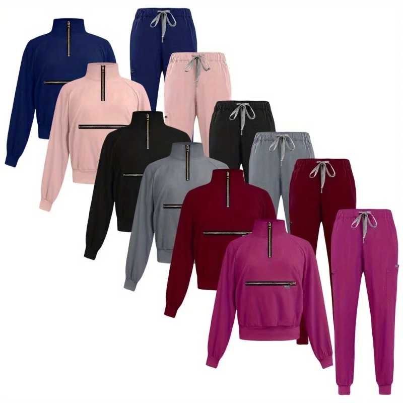 

2-Piece Suit Simple Elegance: Plus Size Women's Stand Collar Big Cuff Solid Nurse Uniforms - Comfort Meets Chic