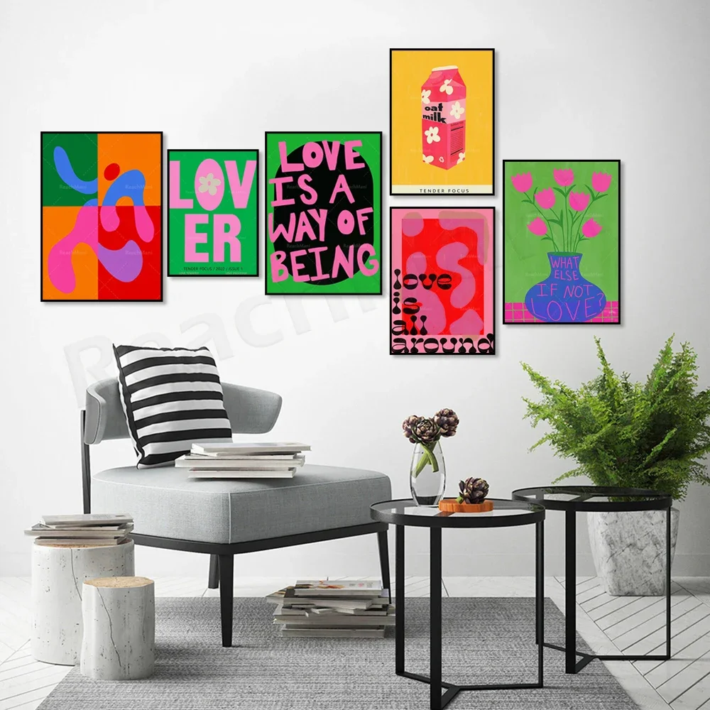 Scandinavian hipster abstract art, plant milk, typography colorful art, valentines day poster, vivid geometric medieval design