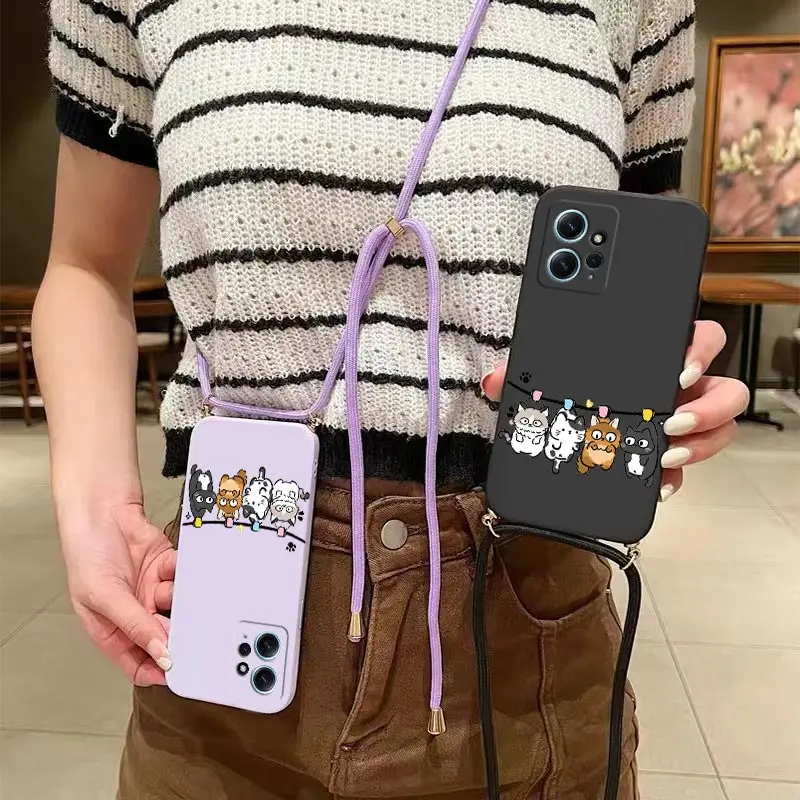 جراب هاتف سيليكون بحبل لشومي ، غطاء مع أربعة قطط صغيرة ، ريدمي نوت 12 ، 12Pro ، 13Pro ، 11S ، 12S ، 13 ، 10 ، 13R ، 11T