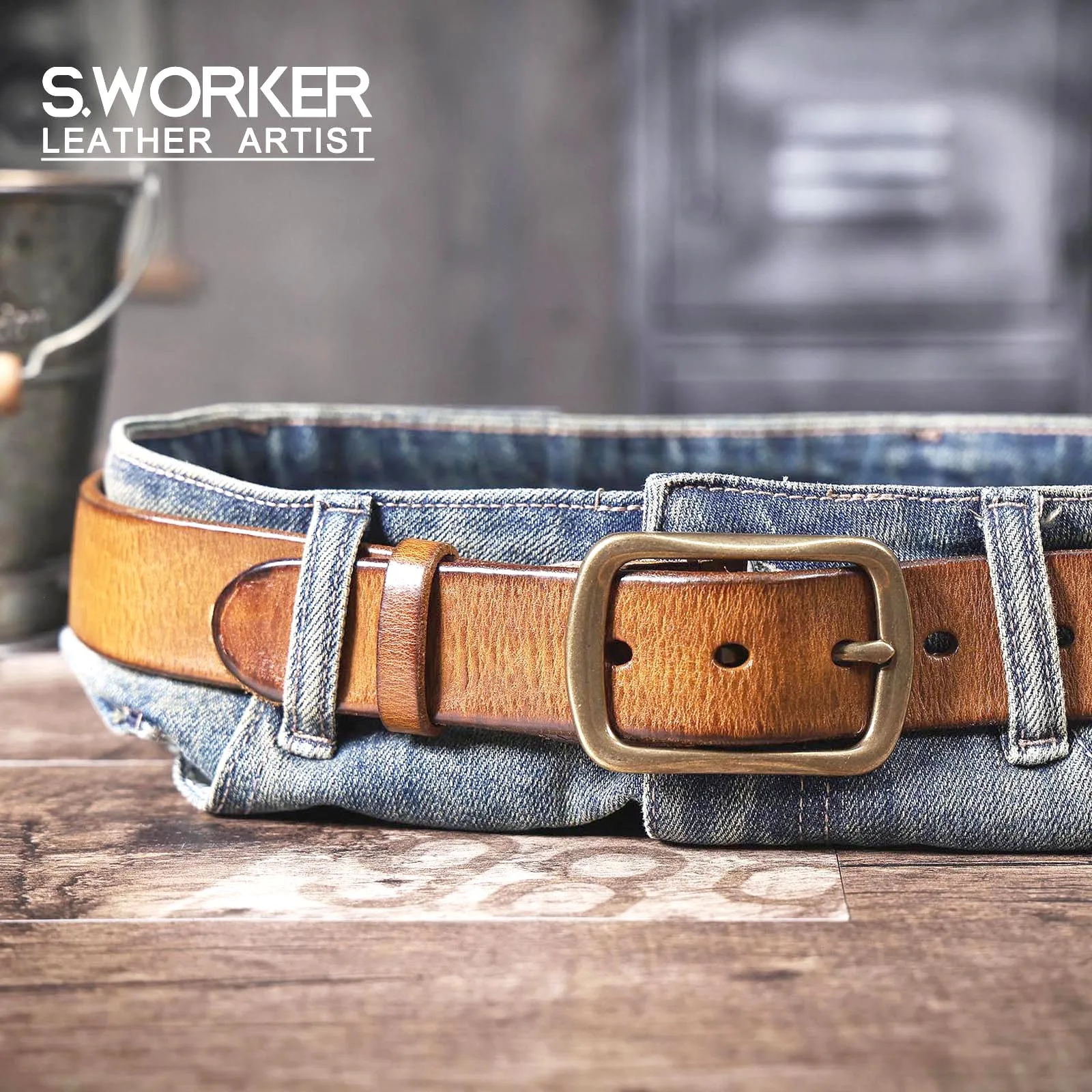 Genuine Leather Belt with Vintage Metal Buckle, Full Grain Cowhide, Adjustable Cowhide Full Grain Leather Belts main image 2