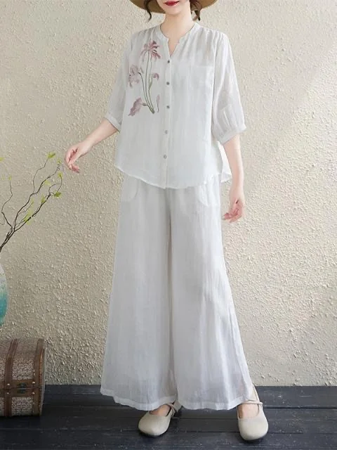 

Casual Cotton Linen Women's Suit Two-Piece Set Breathable Comfortable Mid-Year Mom Summer Fashion High Waist Pants V-Neck Top