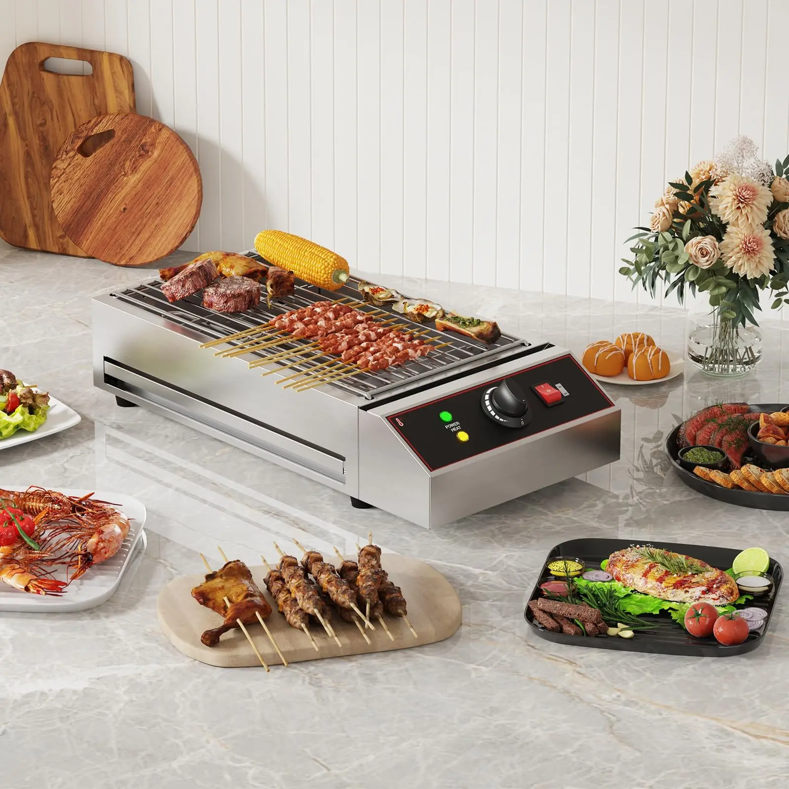 Smokeless 1800W Electric Grill for Indoor & Outdoor, Commercial Stainless Steel Countertop BBQ Grill, Removable Griddle, Adjustable Temperature 122°F-572°F, Portable for Home, Restaurant, Party, Camping