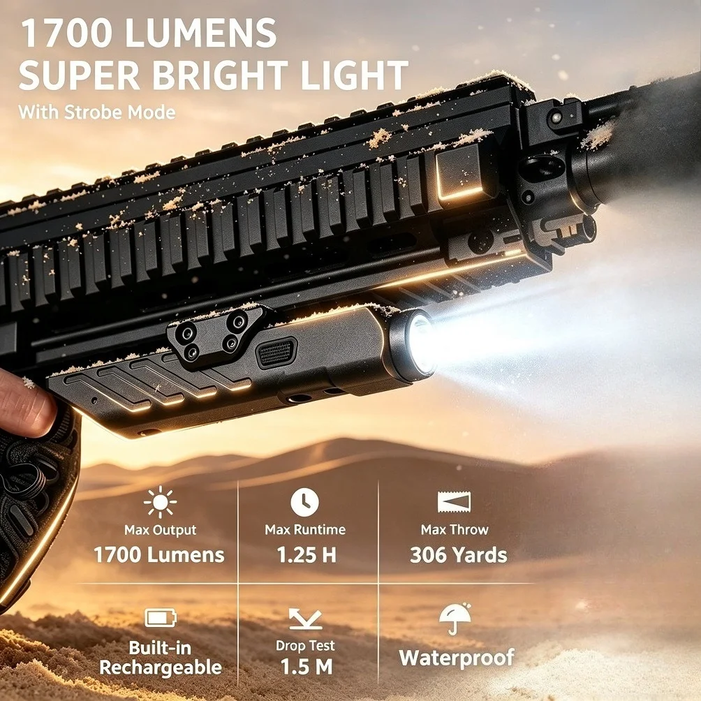 Richfire 2 in 1 Tactical LED Flashlight with 1700 Lumen High Power Laser Rechargeable Low Profile and Lightweight for Hunting