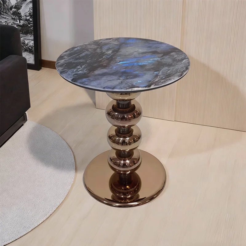 & Modern Light-Luxury Movable Microcrystalline Stone Wrought-Iron Coffee Table Bedside Small Corner Accent Table