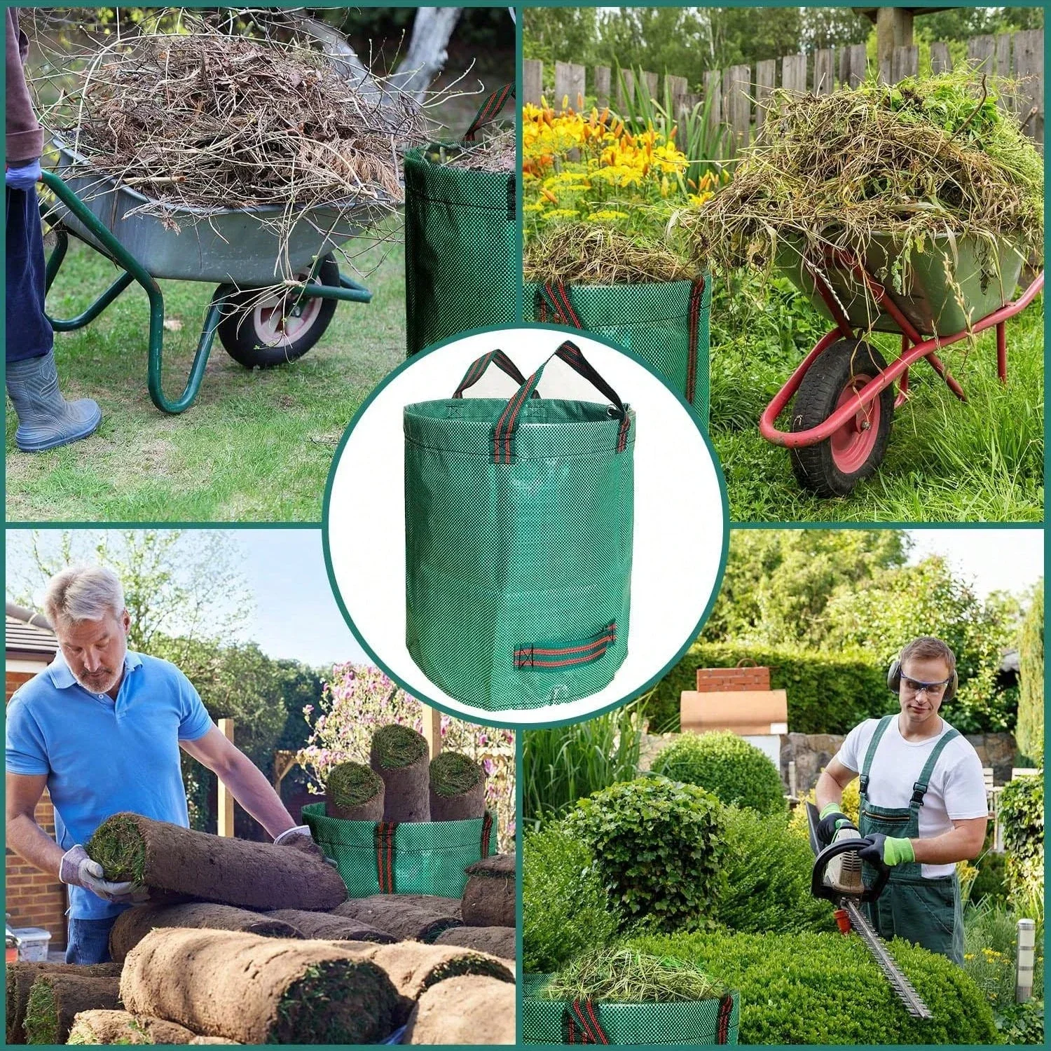 Sacchi riutilizzabili da 272 litri per rifiuti da giardino, resistenti, in polipropilene impermeabile da 150 g/m², con anello di supporto e manici a doppia cucitura, contenitore per rifiuti da