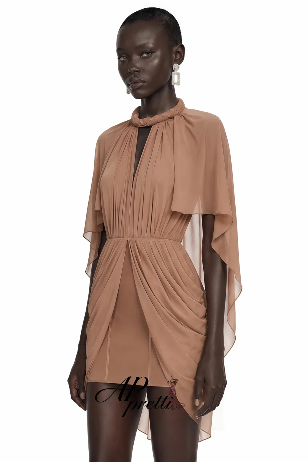 AP pretti Nude Coffee Evening Dress Customized Halter Knot Neck Cape Flutter Sleeve Draped Asymmetrical Mini Formal Party Gown