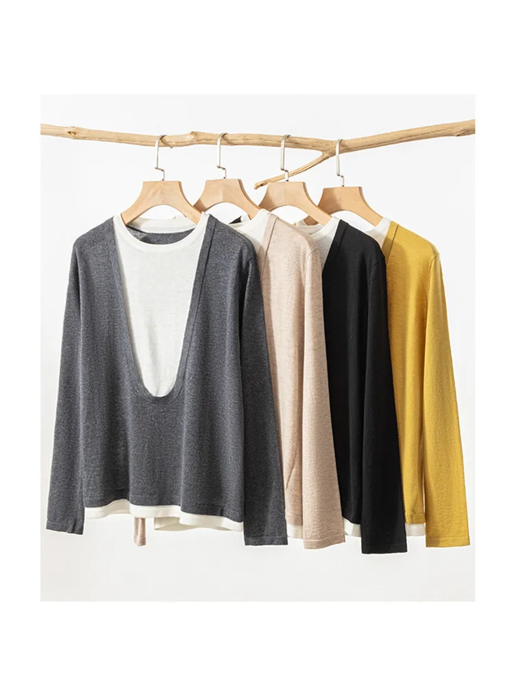 Jesienny sweter wełniany z efektem dwuczęściowego stroju, z dekoltem w kształcie litery U, damski, blokowy, luźny, z długim rękawem, dzianinowy pulower.