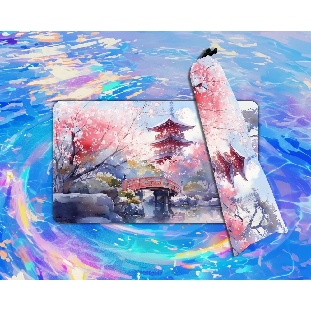 Watercolor Japanese Sakura Pagoda TCG Playmat Red Bridge Garden Spring Landscape Premium Rubber Large Gaming Desk Mat Japanese