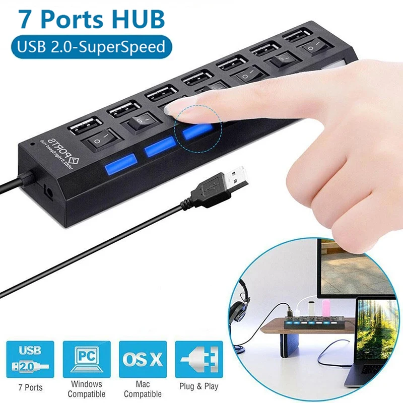 7 Port Multi USB Splitter Hub USB Hub 2.0 Use Power Adapter USB 2.0 Multiple Expander Switch Hub Docking Stations 30cm Cable