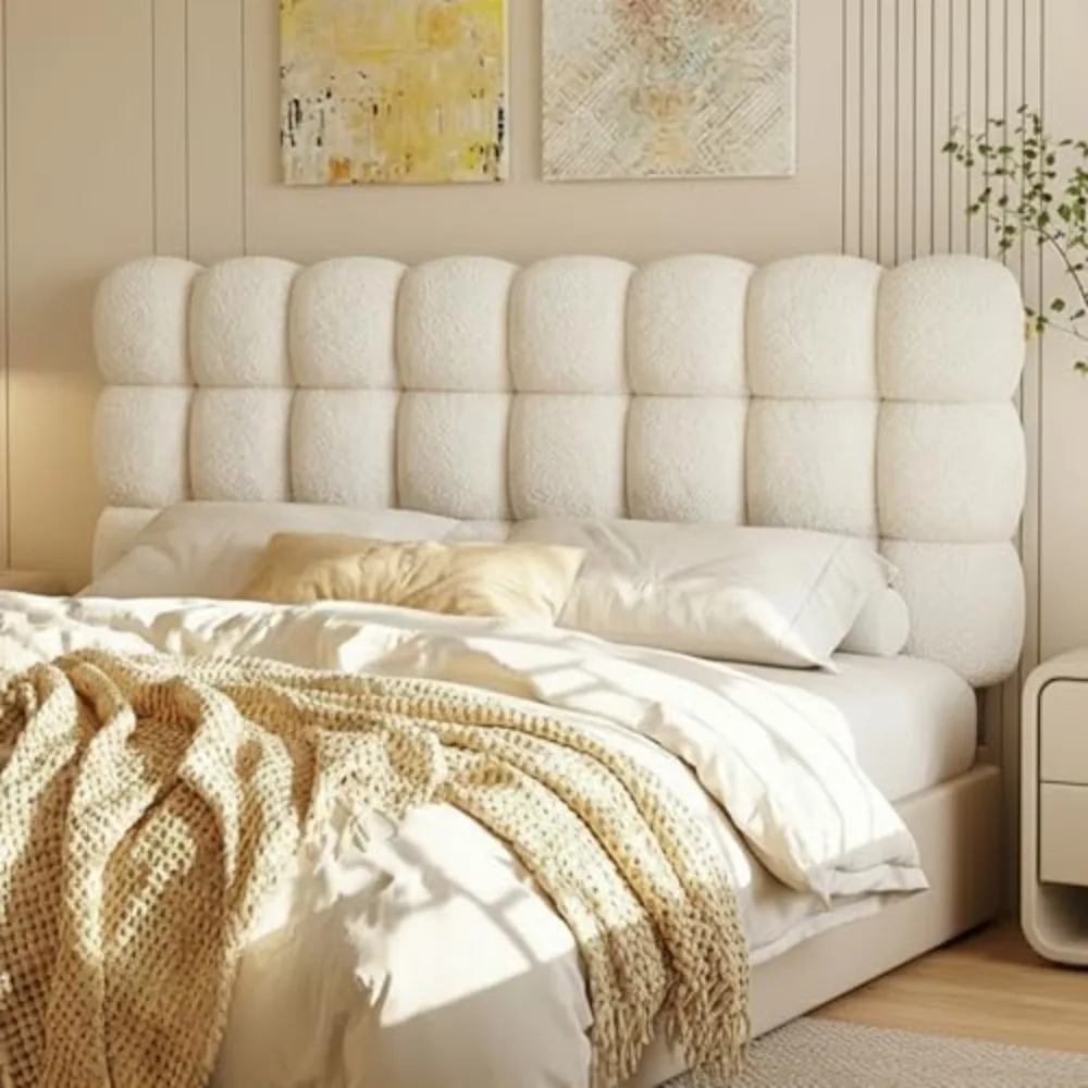 Full Cloud-Shaped Upholstered Headboard, Teddy Fleece Beige | Cloud bubble tufted design, 8-14