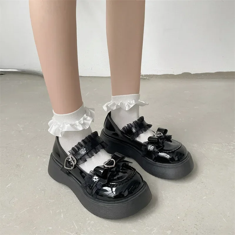 Ladies Sweet Lace Bowknot Lolita Shoes Women Heart Buckle Patent Leather PU Mary Janes Woman  Round Toe Platform Flats Shoes