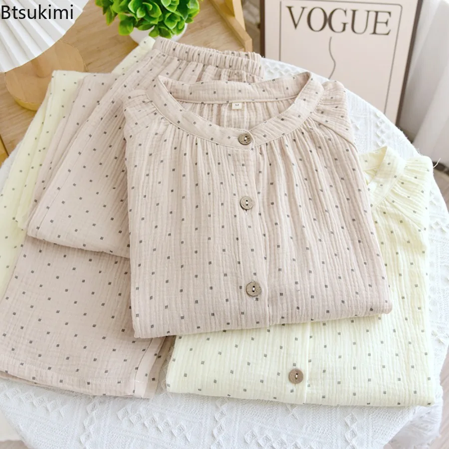 

Women's Thin Cotton Sleepwear Four Season Long Sleeved Crepe Double-layer Gauze Home Wear All Cotton Stand Collar Casual Sets