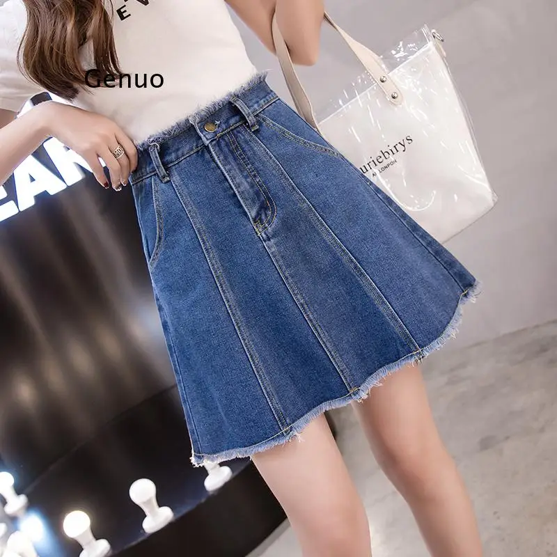 

S-5XL Women Denim Skirt Fashion Summer High Waist Tassel Mini Skirt Jean Elegant Harajuku Female Blue Faldas