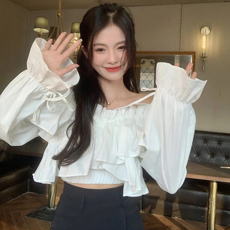 Zoki Sexy Off Shoulder Sweet Blouse Women Korean Fashion Ruffles Elegant Cropped Shirt Fall Lace Up Design Lady Chic White Tops