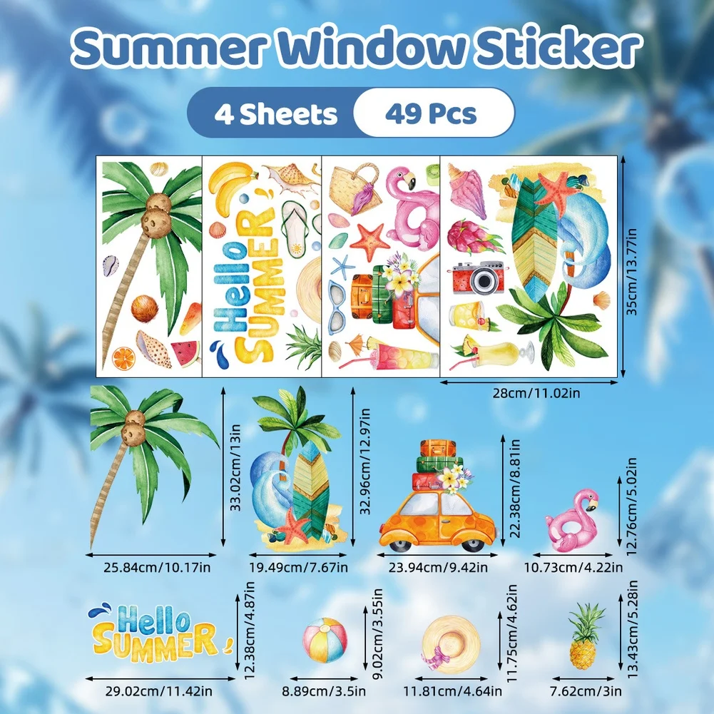 4PCS Summer Beach Window Clings PVC Static Decals Coconut Tree Tropical Palm Design for Glass For Home Office Decor