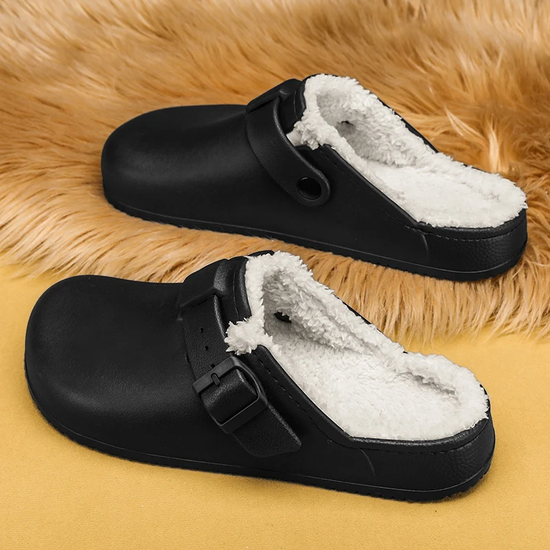Brand Winter Men Slippers Adjustable Warm Fluffy House Slippers Outdoor Antiskid Waterproof Fuzzy Lined Men Garden Plush Shoes