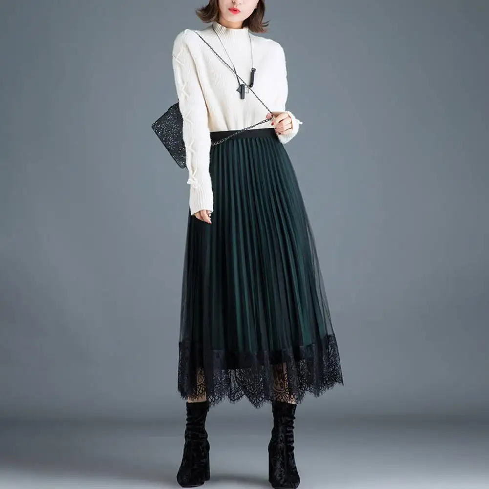 

Lace Pleated Women Skirt Autumn Winter Maxi Pleated Skirt Midi Skirt High Waist Elascity Casual Party Skirt A-line Vintage Skirt