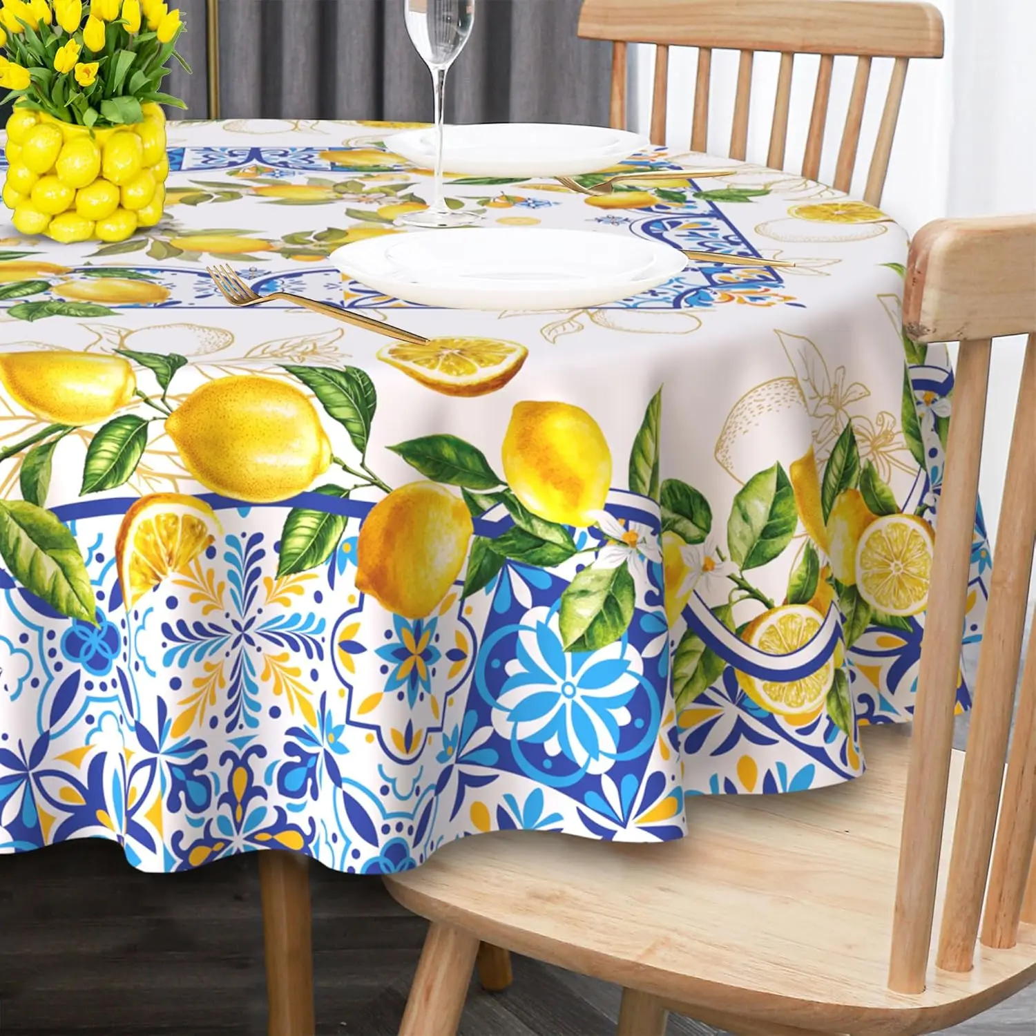 Lemon Tablecloth Yellow and Blue Mediterranean Summer Decor Tile Flower Pattern Table Cloth Italian Themed Decor