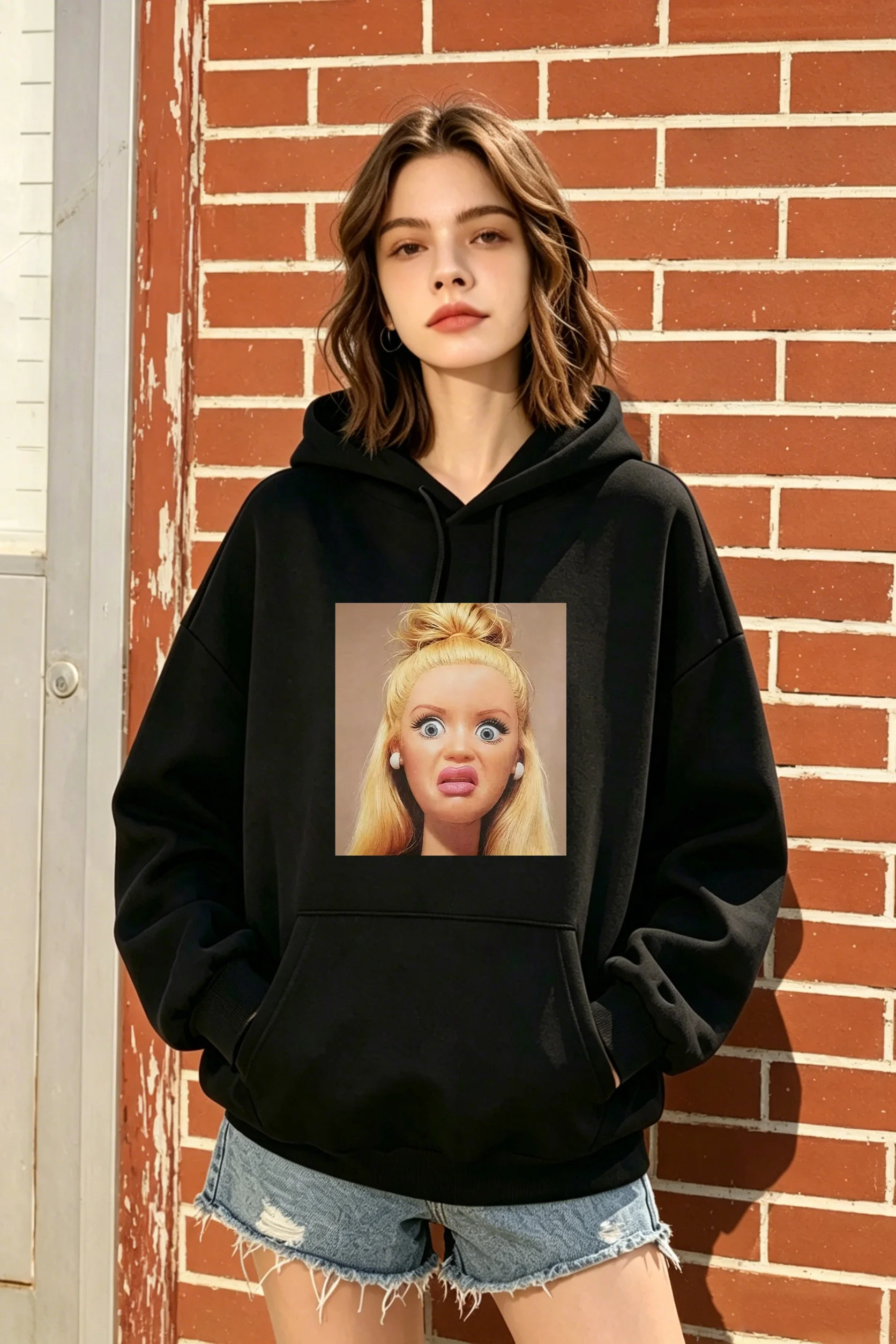 

Women's Black Oversized Hoodie with funny character print, casual & eye-catching for fall and winter.
