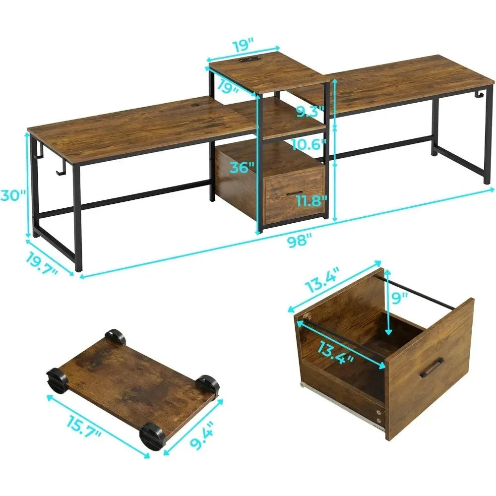 Home Office Desk, 2 Person Computer Desk with Letter/A4 File Drawer & Power Strip with USB, Long Desk with Storage