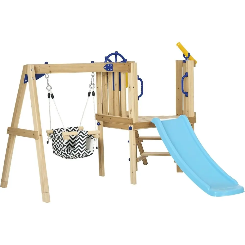 

Toddler Wooden Swing Set with Slide and Tire Swing, Suitable for Ages 1.5-4, Natural Finish