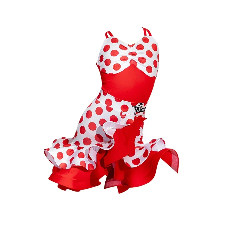 

Summer Red Polka Dot Latin Dance Dress Girls Sleeveless Latin Dance Clothing Kids Professional Dancing Dresses Split Suit