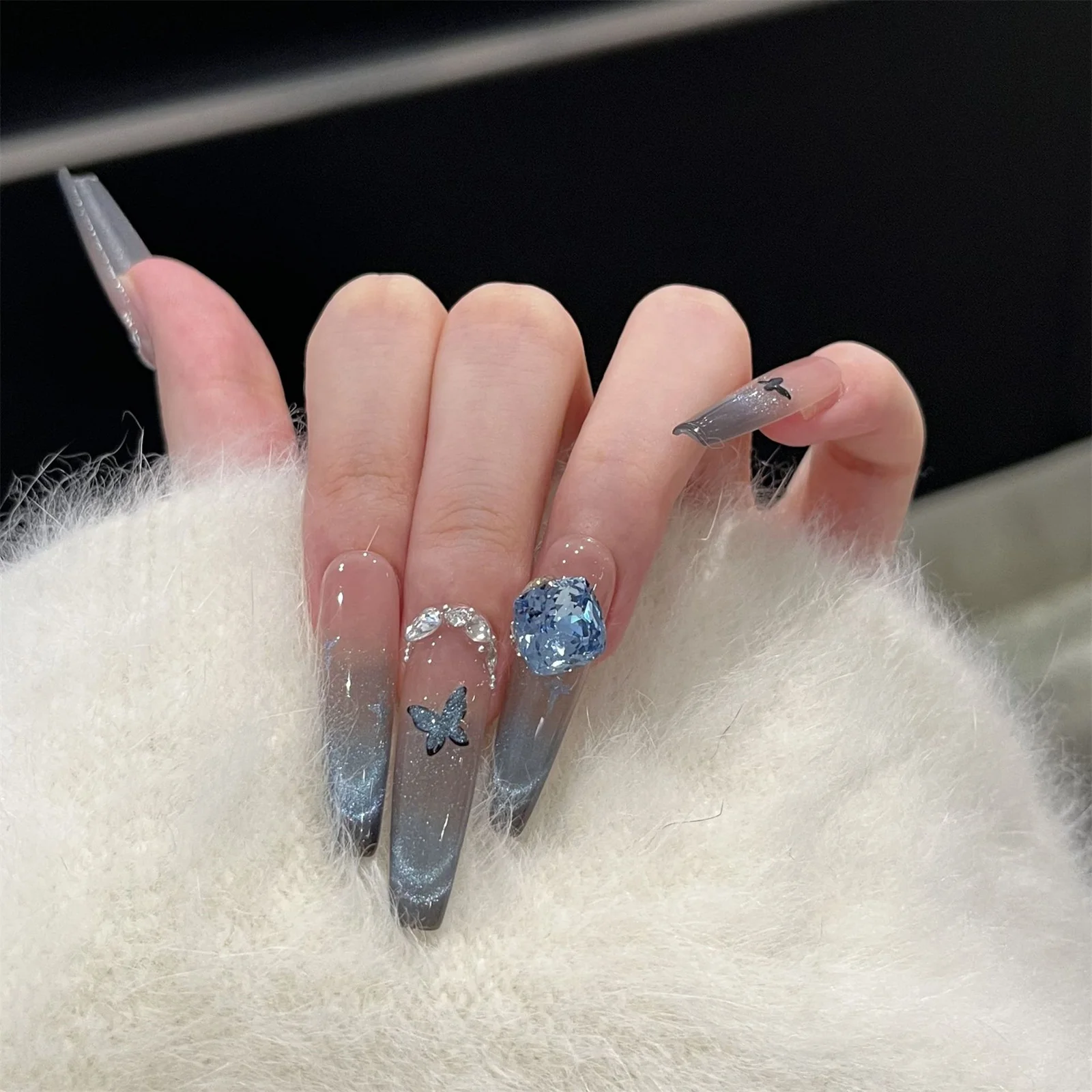 10 Uds. De uñas postizas hechas a mano con punta francesa en forma de T con lazo 3D, brillo de diamantes de imitación, Kit de manicura DIY para mujeres y niñas