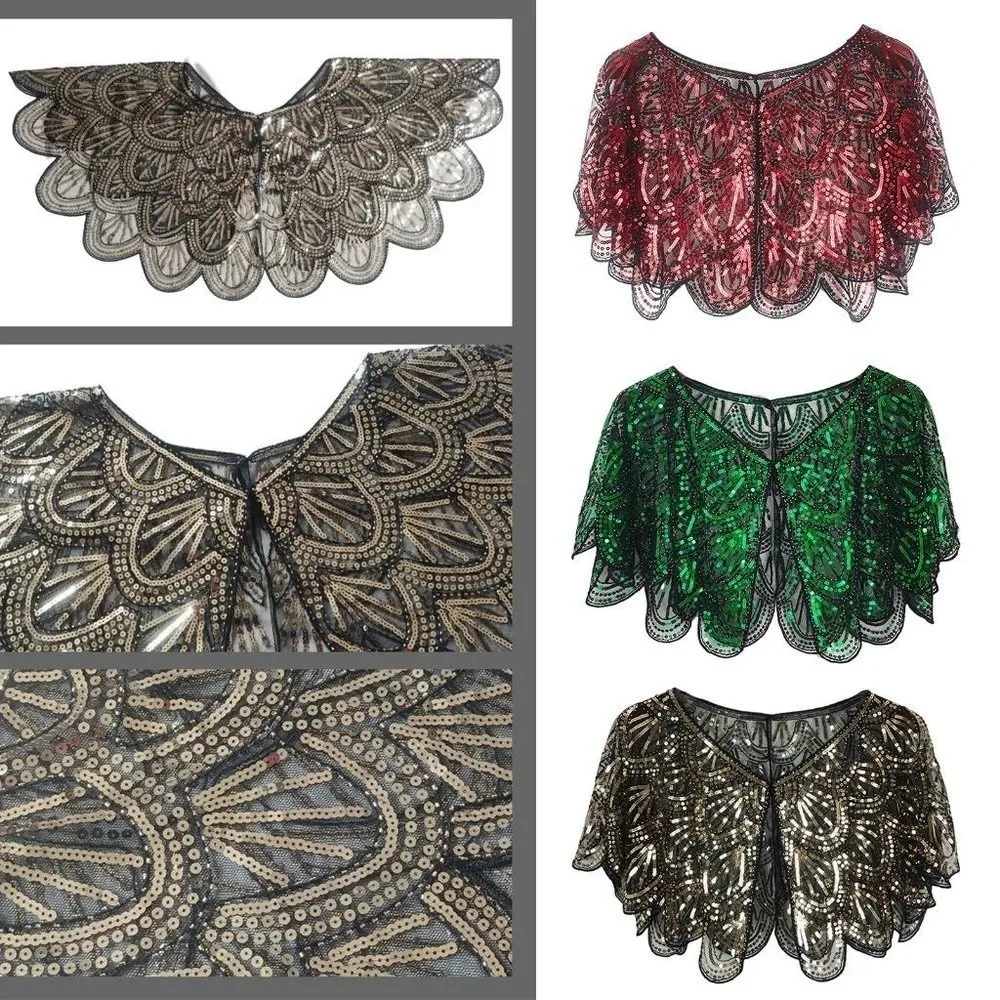 Art Deco Hollowed-out Shawl Beaded Lace Evening Cape Vintage Sequin Flapper Shawl Art Deco