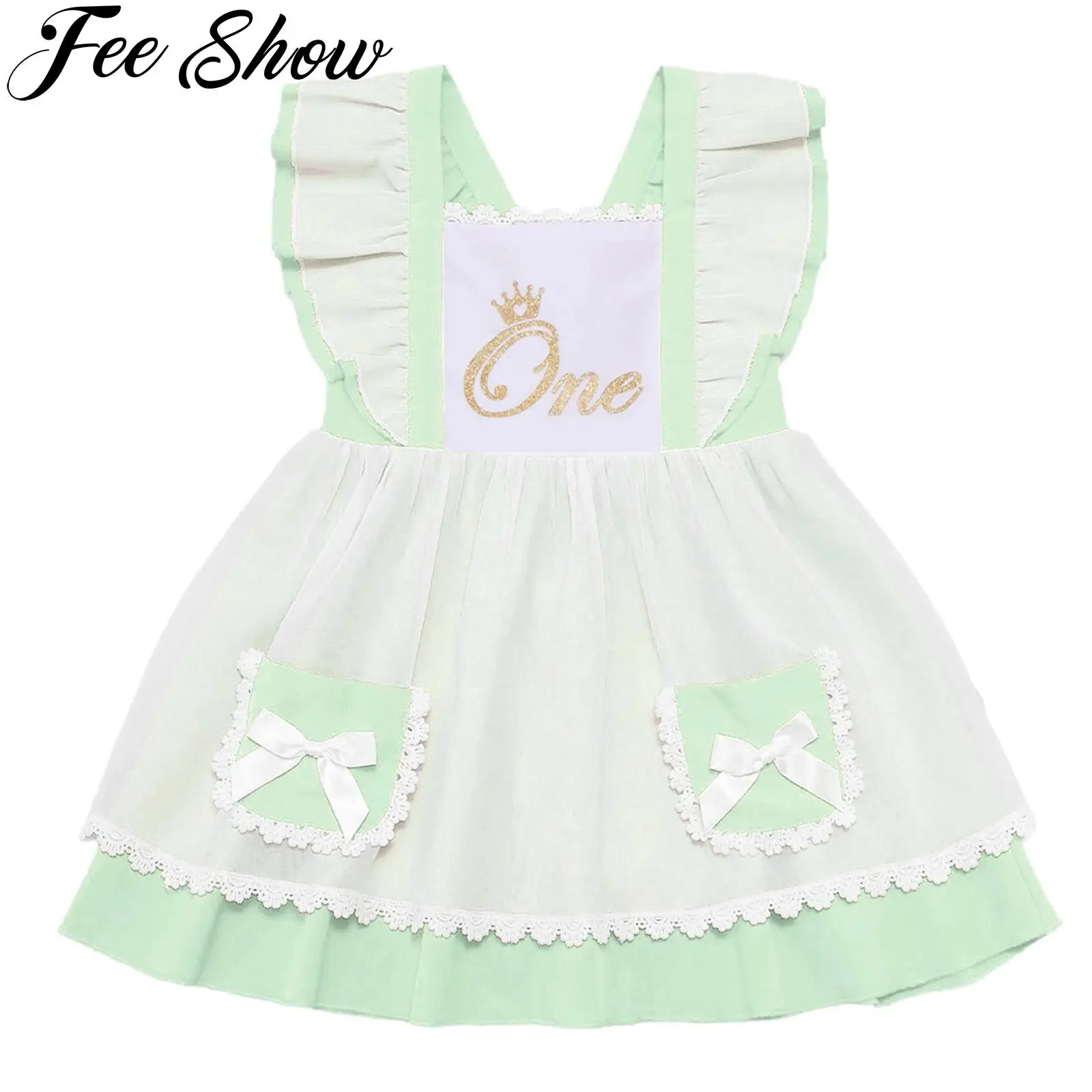 

Infant Baby Girls 1st Birthday Outfits Summer Fly Sleeve Cute Bow Pocket Lace Letter Printed Dress for Party Family Gathering