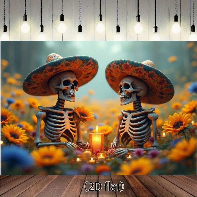 Impresión artística de pareja de esqueleto del Día de la muerte, sombrero mexicano de flores, luz de velas, decoración de pared del Día de la muerte, Halloween perfecto, 1 ud.