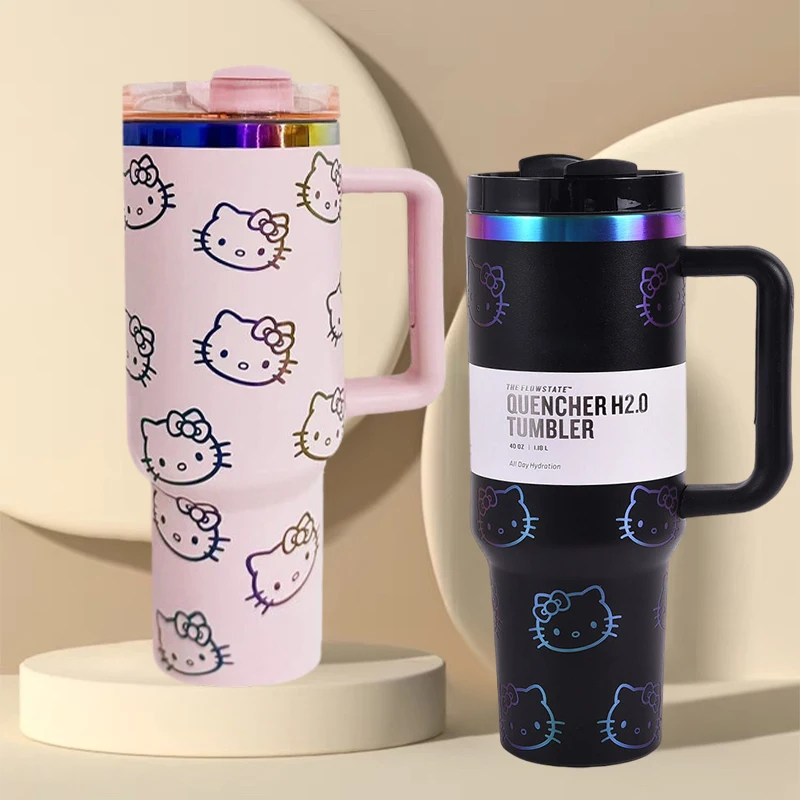 

40 унций, термос Hello Kitty, чашка Sanrio 304, соломенная чашка из нержавеющей стали, аниме, вместительная Вакуумная бутылка для воды, уличная чашка для воды