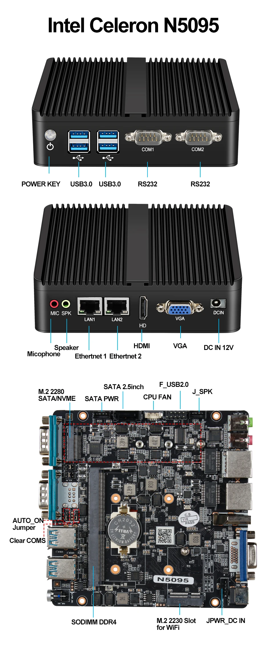 XCY Fanless Mini PC Intel Core I5-5200U I3-5005U Dual GbE LAN 2x RS-232 Serial Ports 4x USB Embedded IPC WiFi Windows Linux