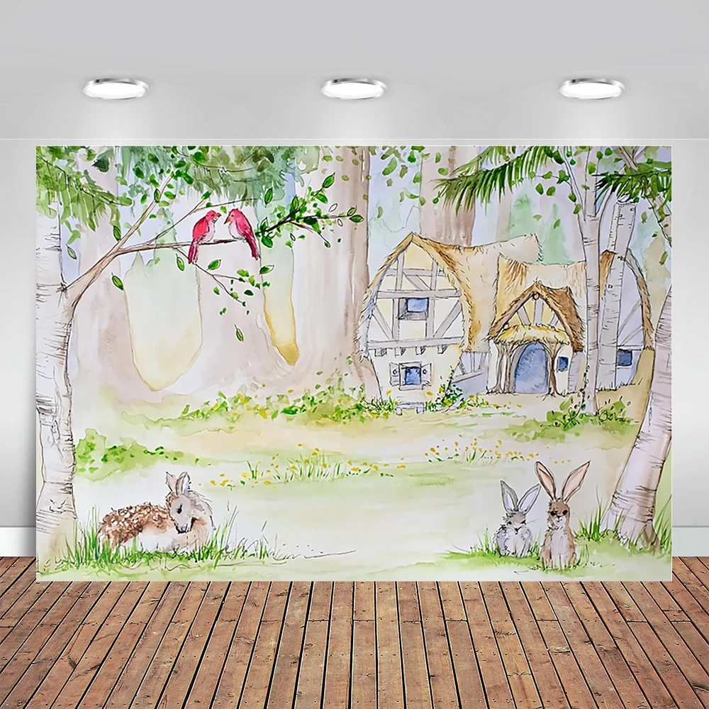 

Forest Hand Drawn Animal Backdrop Cabin Big Trees and Green Leaves Sketch Forest Background Rabbit Deer Bird Animal Backdrop