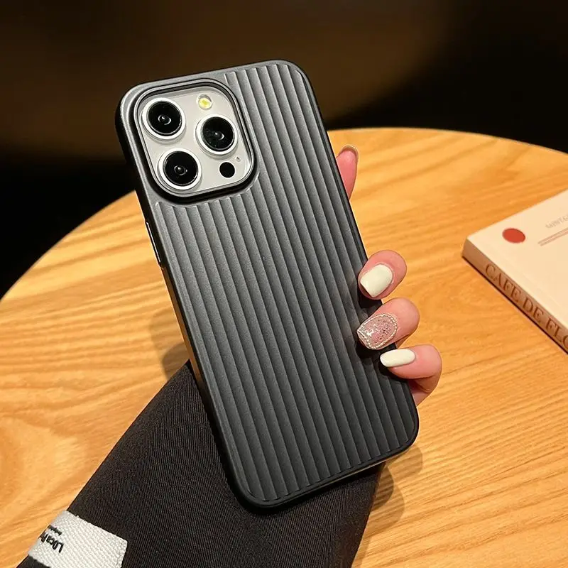 Luxury Natural Titanium PC Phone Case For iPhone 15 14 13 Pro Max Plus Electroplated Grating Corrugated Hard Back Cover