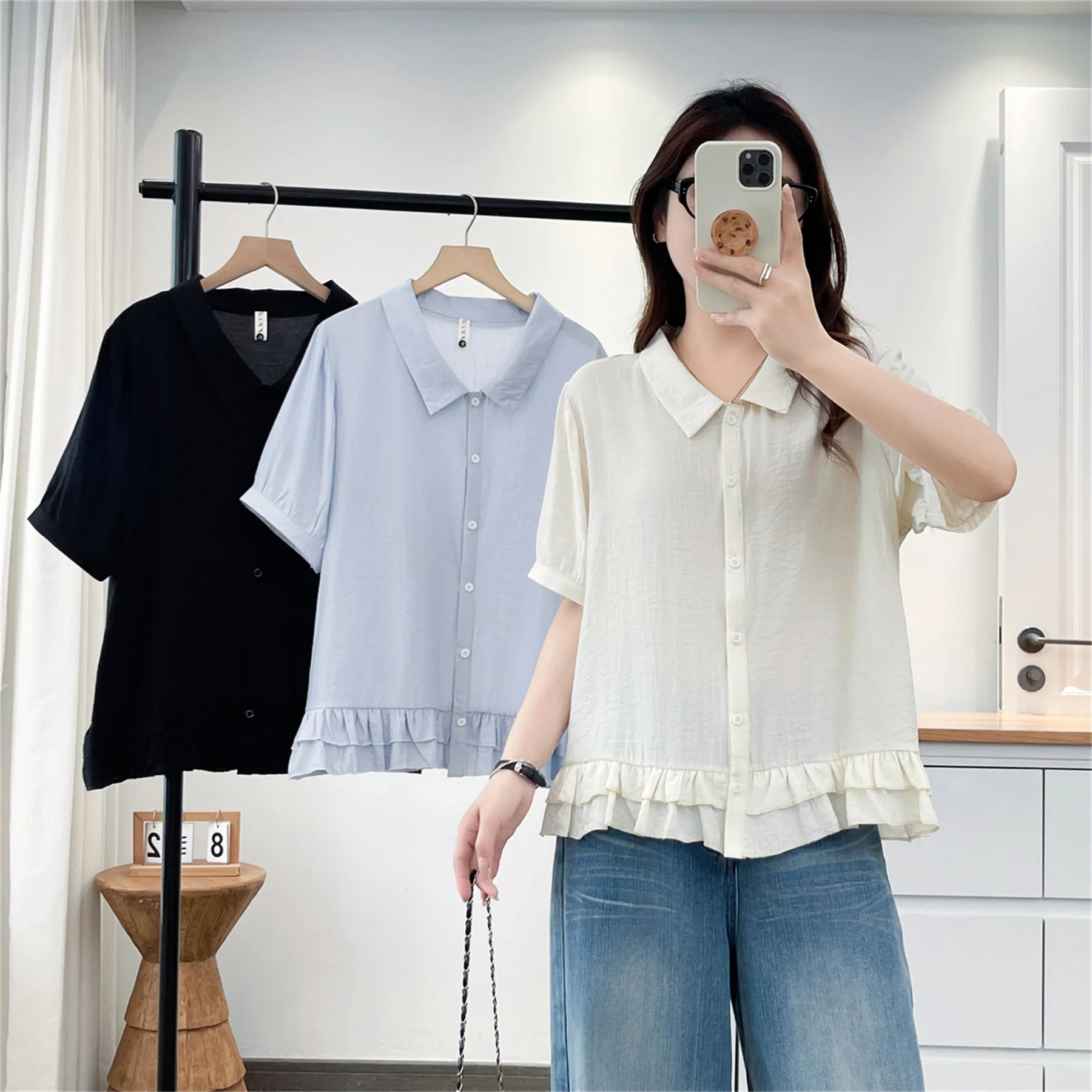 2026 Summer Plus Size Thin Ruffle Hem Open Blouse Short Sleeve Simple Daily Loose Shirt Curvy Ladies 8679 view 3