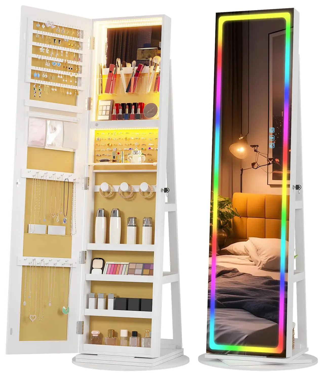 Rotating Jewelry Armoire, Standing Mirror with Storage, Jewelry Organizer, Interior Mirror, LED Lights, Gift for Women Girls